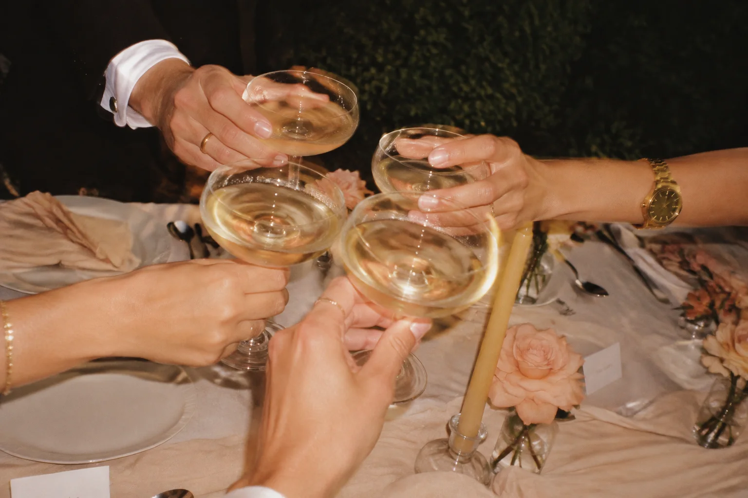Guests raising their glasses for a wedding toast.