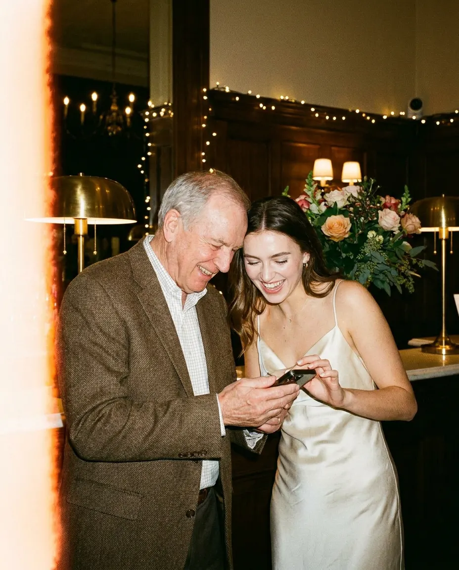 A grandfather and his granddaughter laugh over his phone in a hotel lobby.