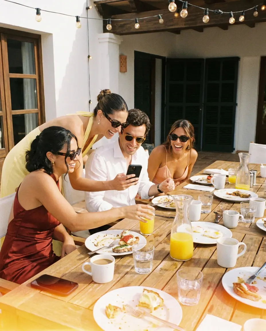 Friends at a sunny brunch table the morning after a wedding, laughing over a phone.