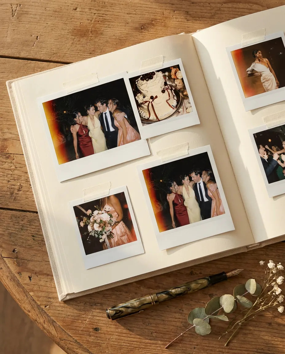 An album of instant photos from the wedding, open on a wooden table.