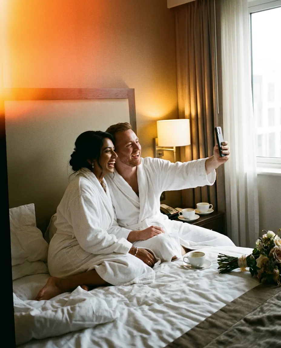 A couple in hotel robes laughing at a phone the morning after their wedding.