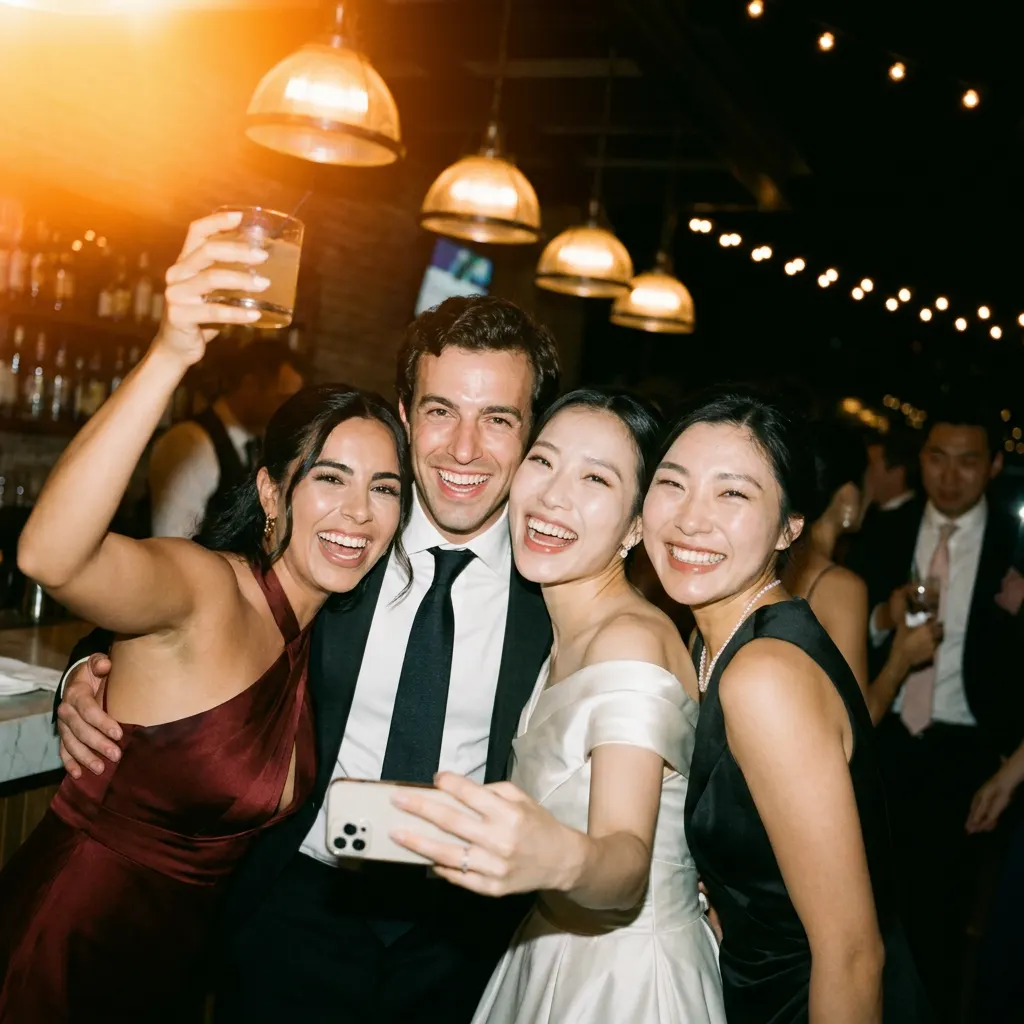 Friends squeezed into a flash selfie on the dance floor.