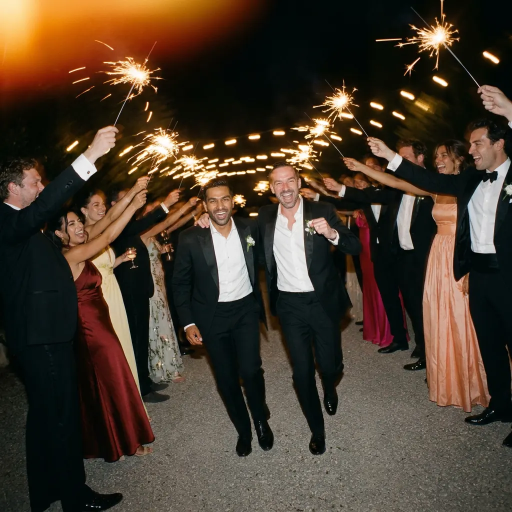 A couple running through a sparkler send-off as guests cheer.