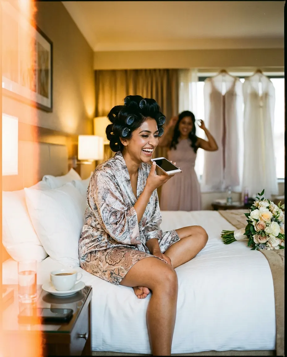 A bride in rollers and a silk robe laughs as she speaks into her phone on the morning of her wedding.