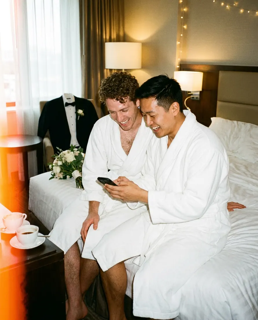 The newlyweds in hotel robes the next morning, laughing over a phone with their coffee.