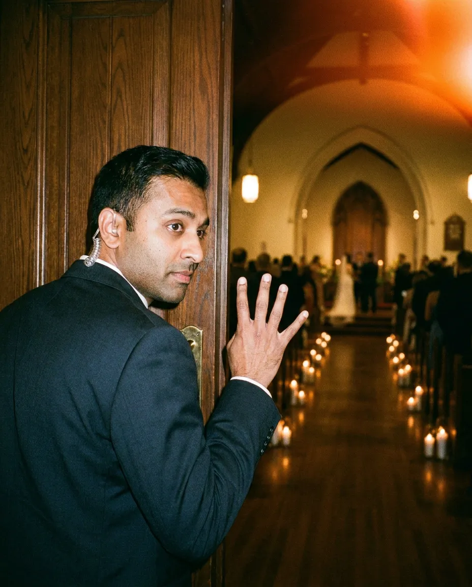 A day-of coordinator with an earpiece holds up four fingers at the chapel doors, counting down the entrance.