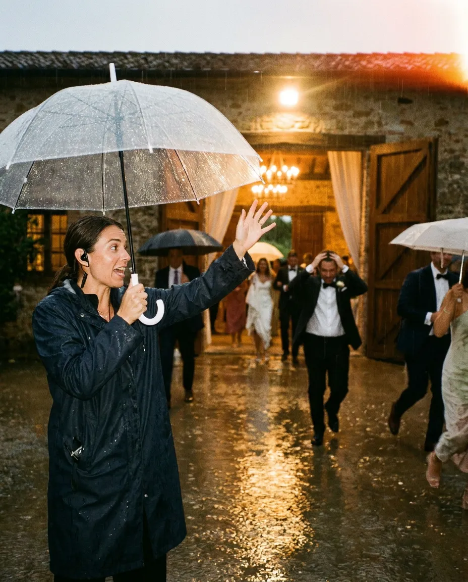 A coordinator in a raincoat waves guests under umbrellas toward a lit barn door in the rain.