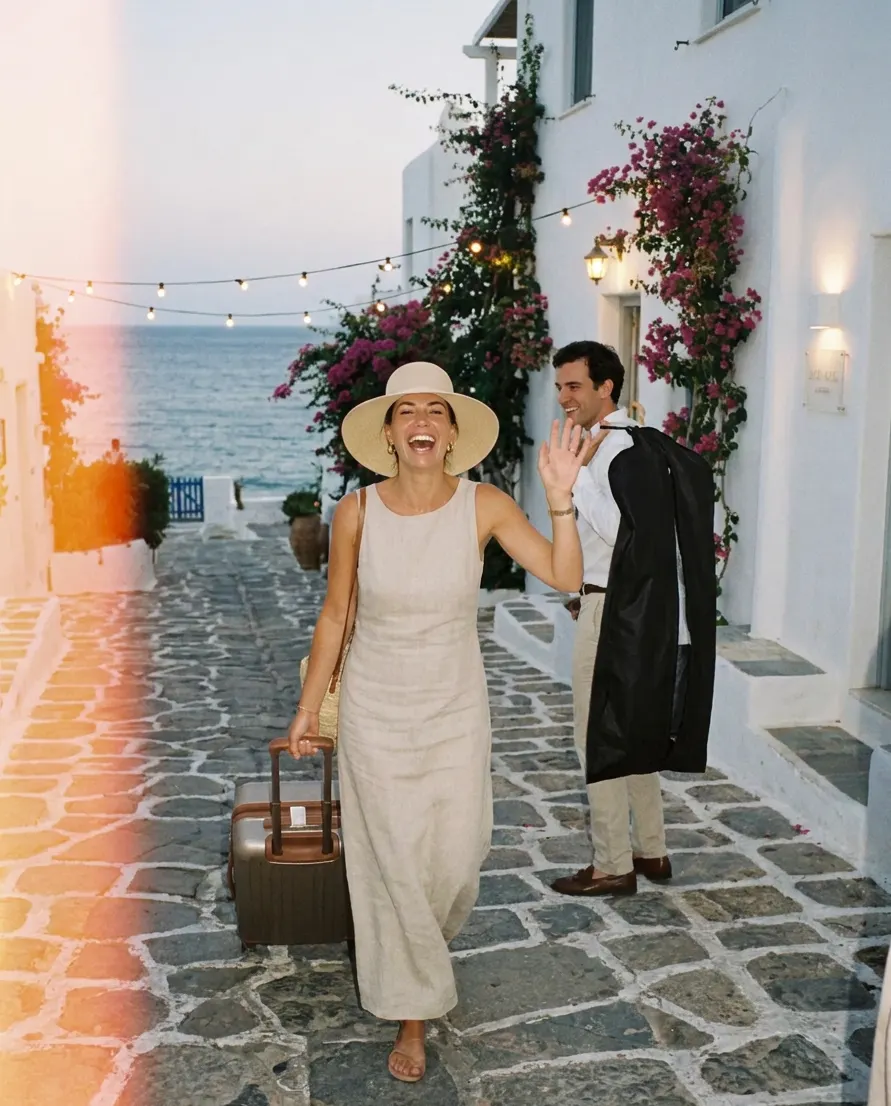 A guest in a linen dress and sun hat waving as she pulls her suitcase up a cobbled seaside lane.