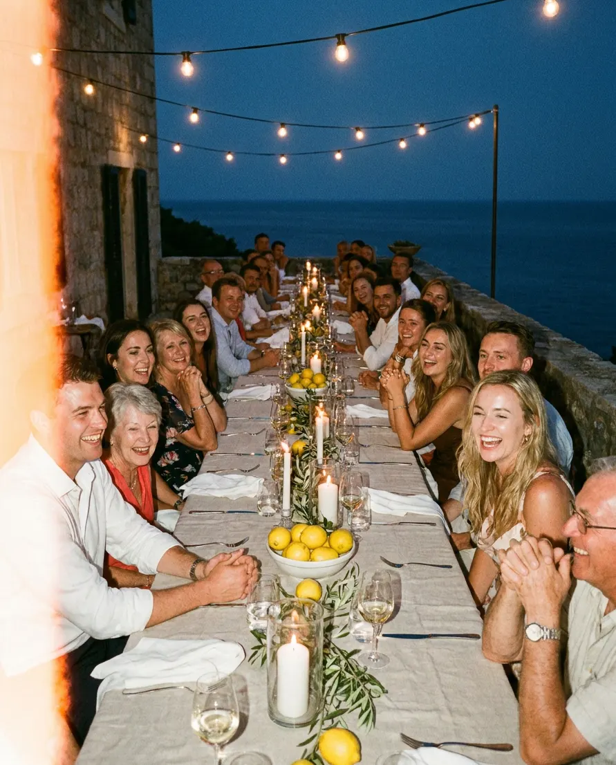 Guests laughing down a long table under string lights by the sea.
