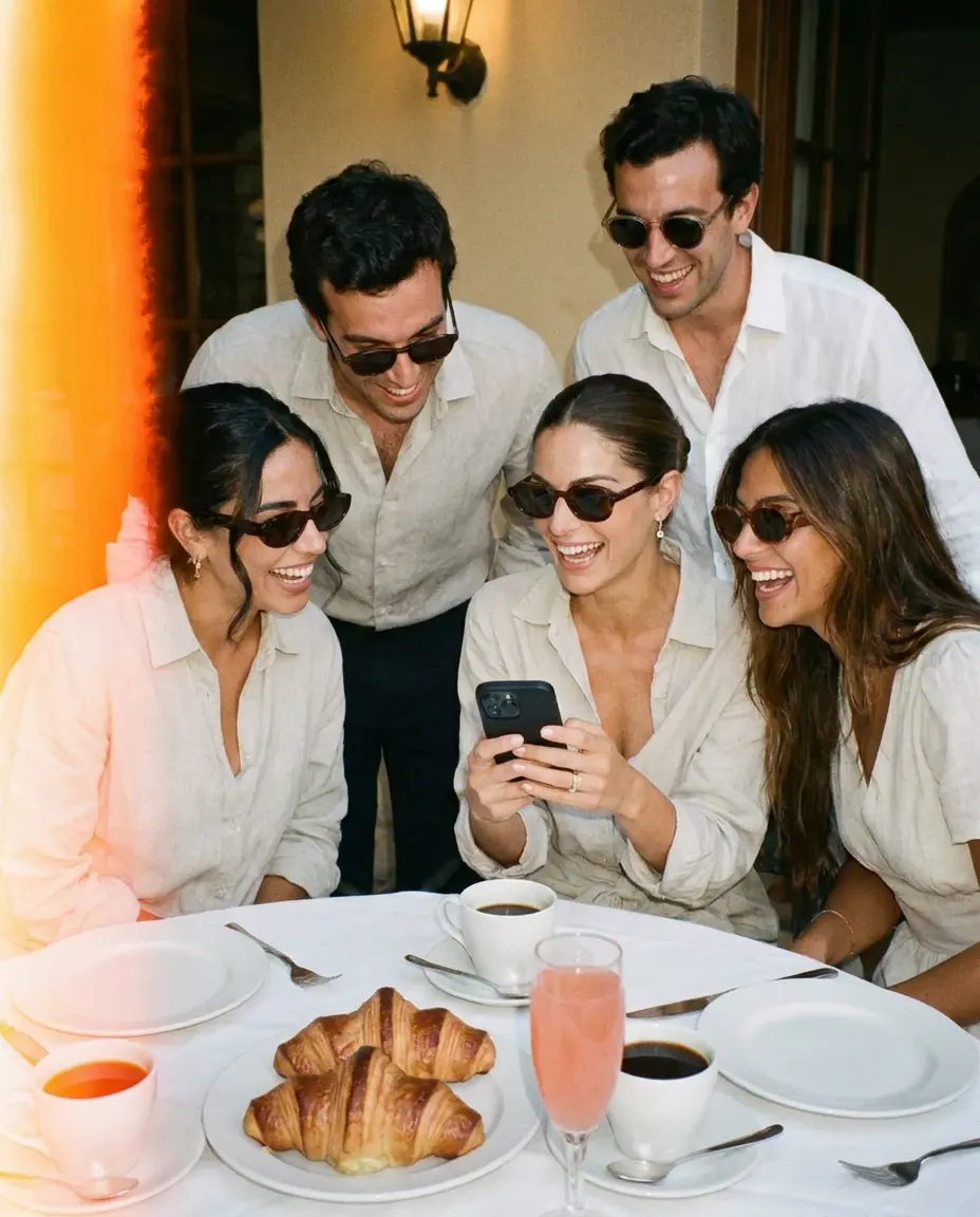 Friends in sunglasses at brunch the next morning, laughing at photos on a phone.