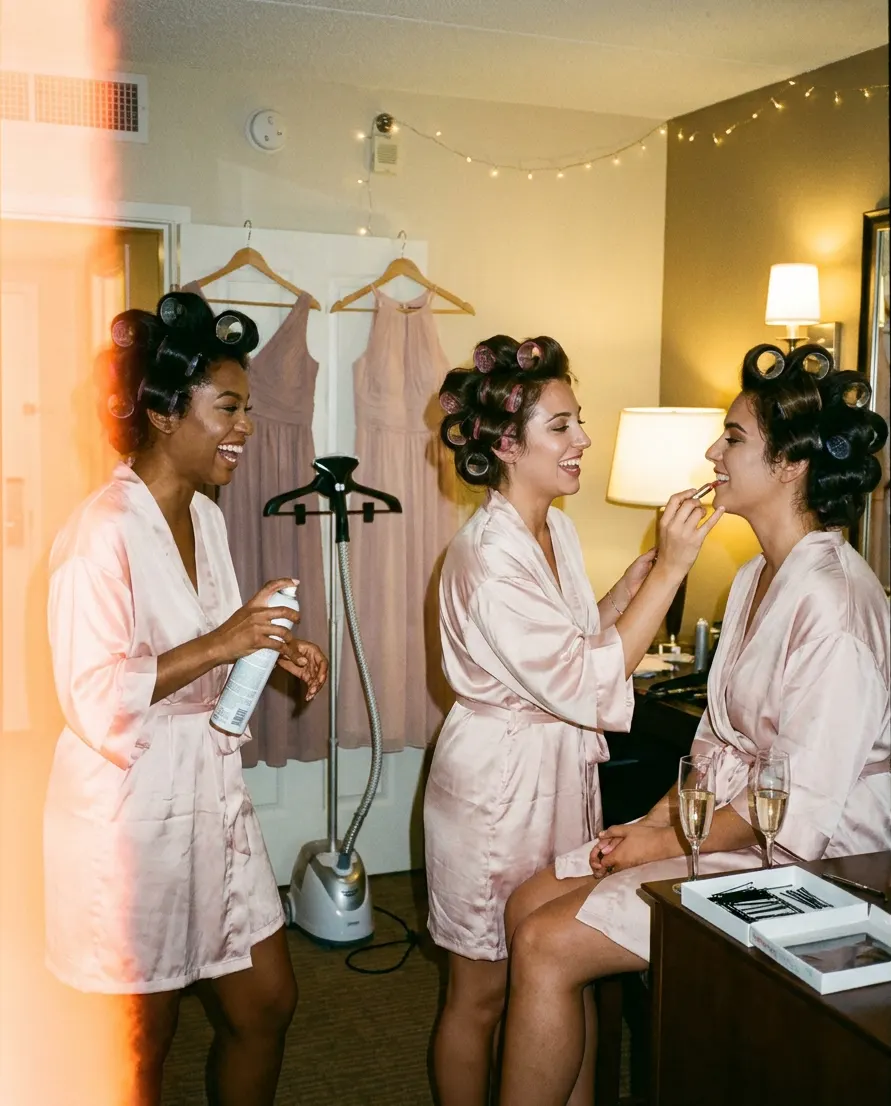 Three bridesmaids in blush robes and hair rollers getting ready, one laughing with a can of hairspray.