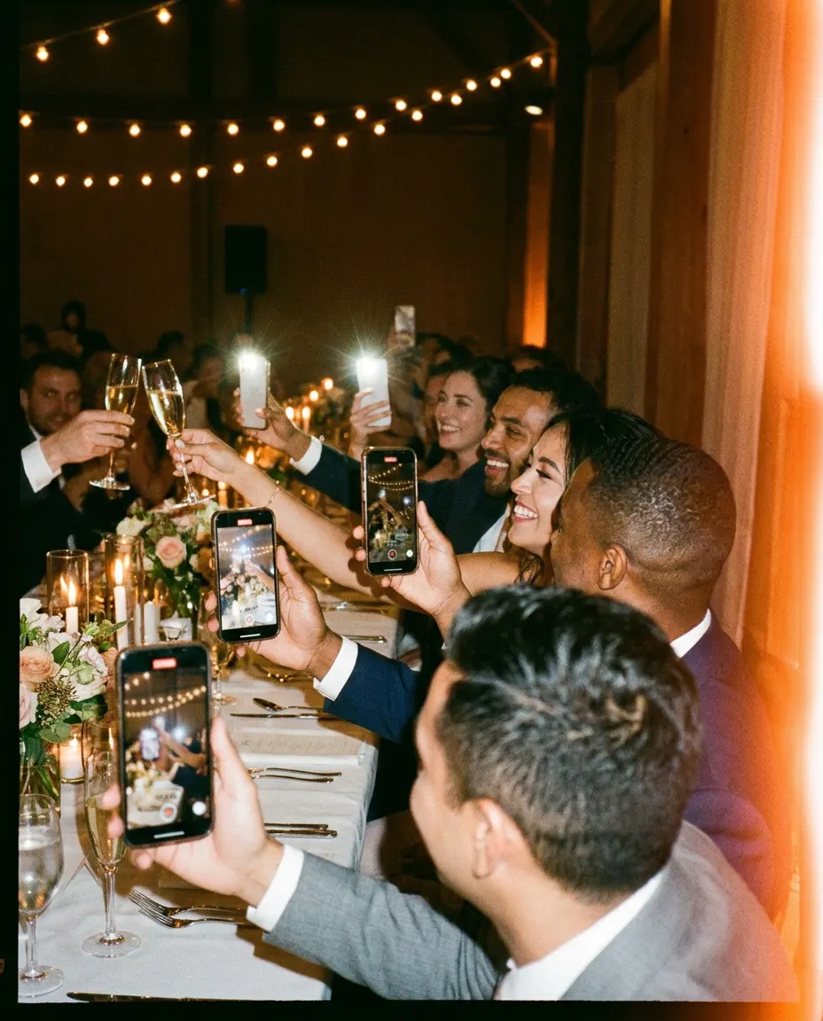 Guests along the reception table holding up their phones to film the toast.