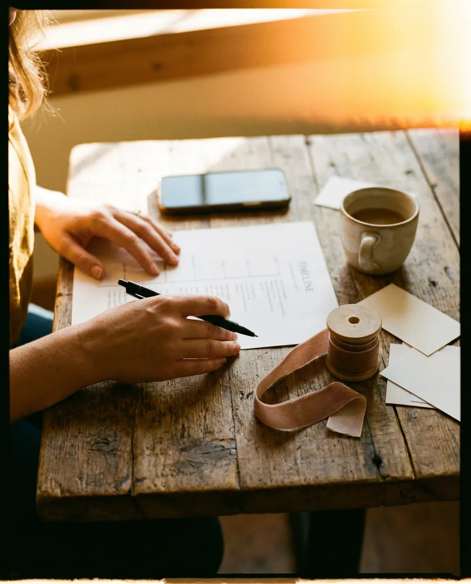 A planner’s hands on a venue table with a pen, a printed timeline, ribbon and place cards.