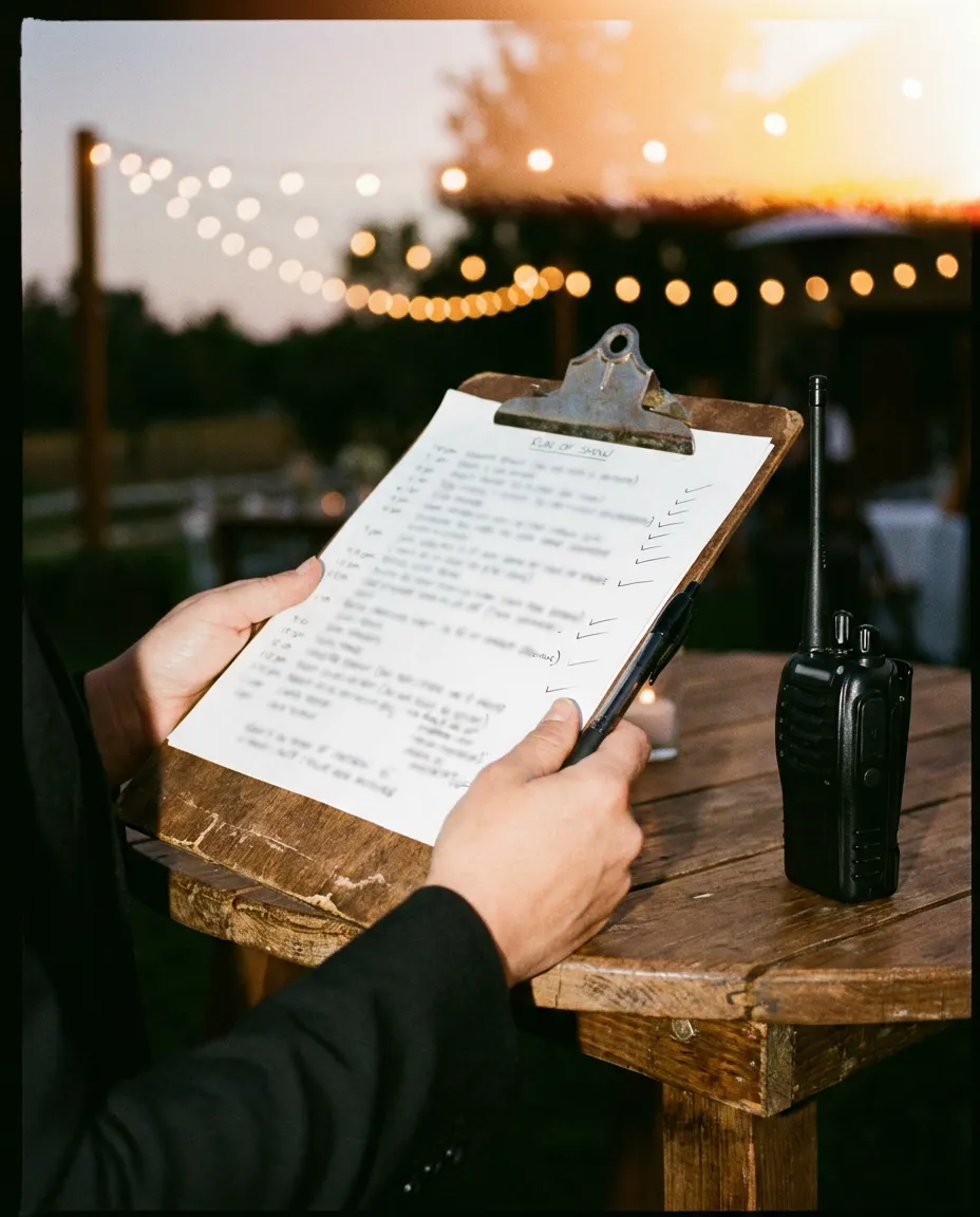 A coordinator’s hands on a clipboard run of show beside a walkie-talkie at dusk.
